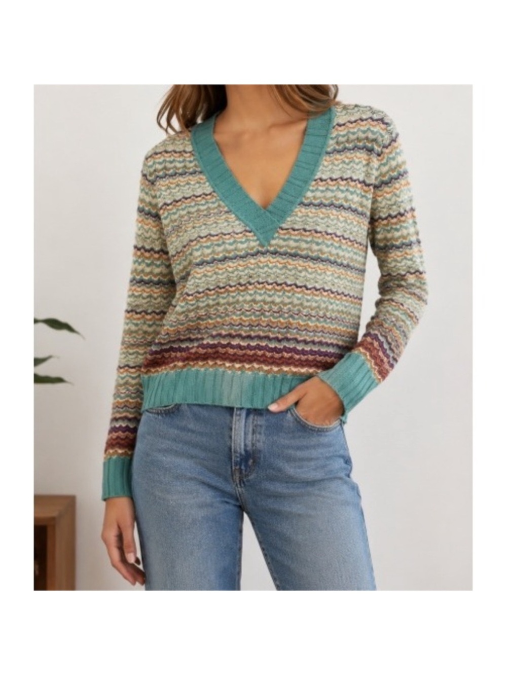 Missoni Multicolor Striped V-Neck Sweater with Mint Trim